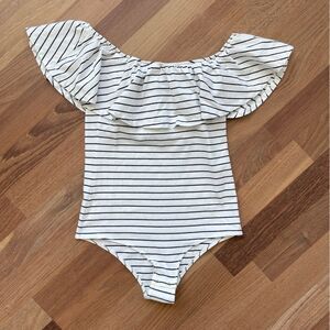 J. CREW | White off the shoulder body suit with small black stripes - small